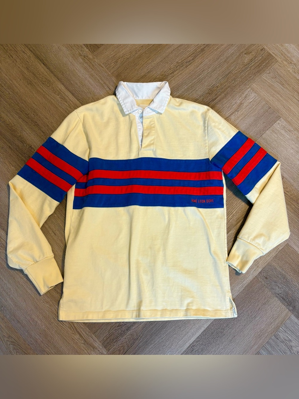 Aime Leon Dore Yellow Rugby Polo Shirt Blue Red Stripes Size Small